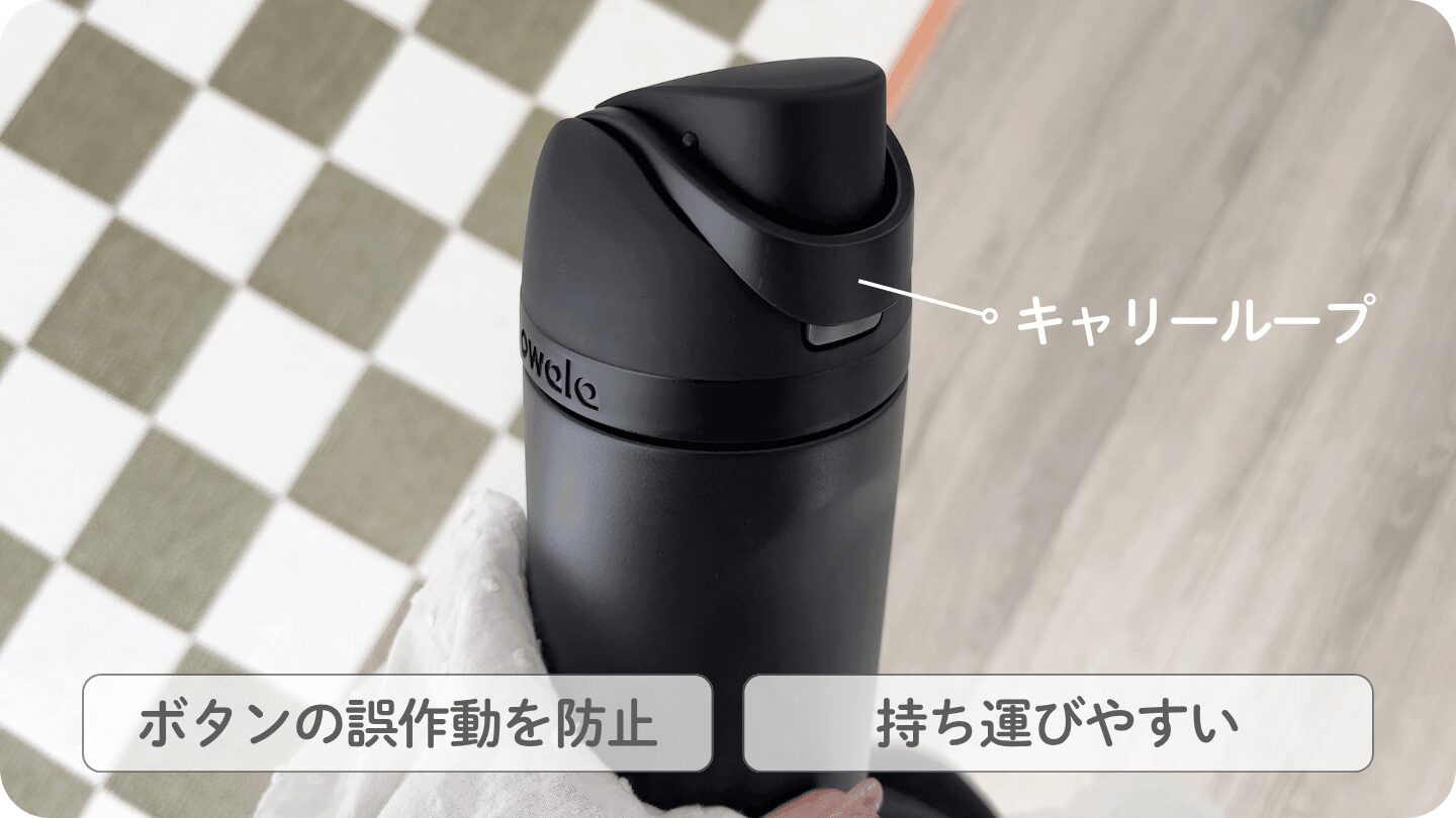 Owala FreeSipのキャリーループはボタンの誤作動を防ぐロック機能の役割も